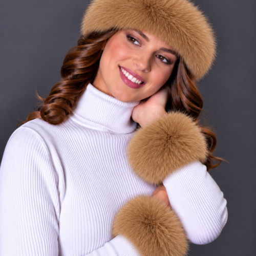 Kožušinová čelenka – polárna líška, béžová camel